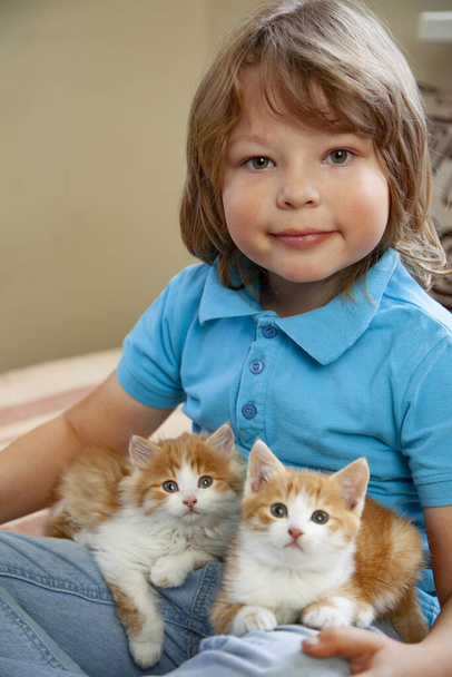 Little boy with two red kitten in hands close up. Best friends. Interaction of children with pets. - Photo, Image