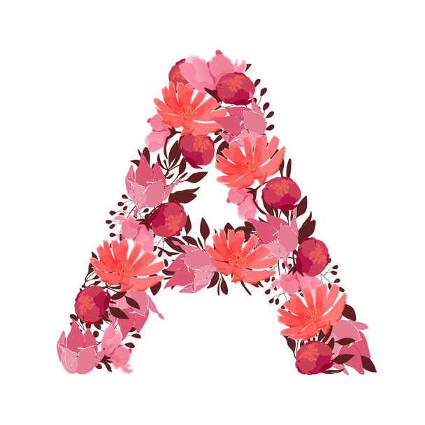 Vector floral capital letter, character A. Botanical monogram. Pink, maroon, coral color flowers in the shape of a bold letter isolated on white background. Chicory, peonies, lilies with branches. - Vektör, Görsel