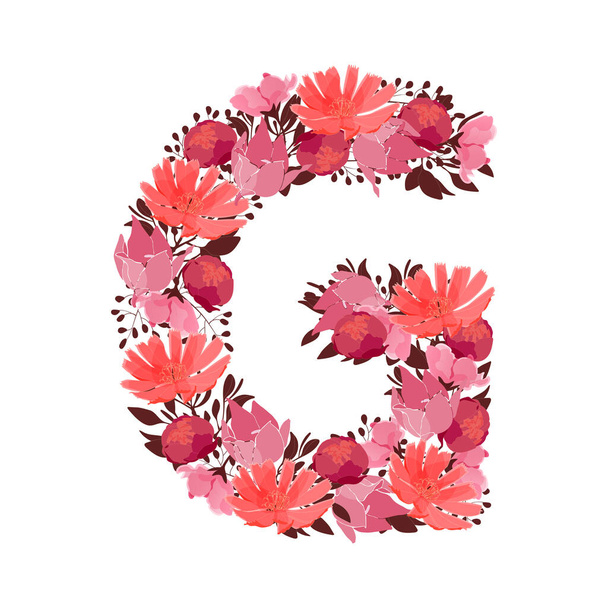 Vector floral lettering, character G. Botanical monogram. Pink, maroon, coral color flowers in the shape of a bold letter isolated on white background. Chicory, peonies, lilies with branches. - Vektör, Görsel