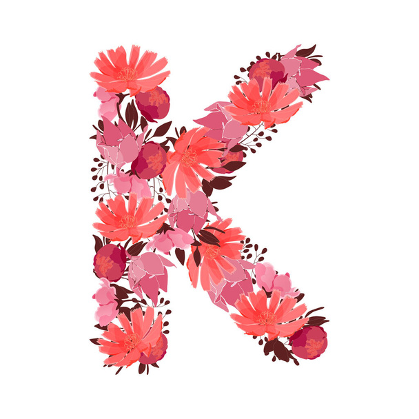 Vector floral letter, capital character K. Botanical monogram. Pink, maroon, coral color flowers in the shape of a bold letter isolated on white background. Chicory, peonies, lilies with branches. - Vector, Image