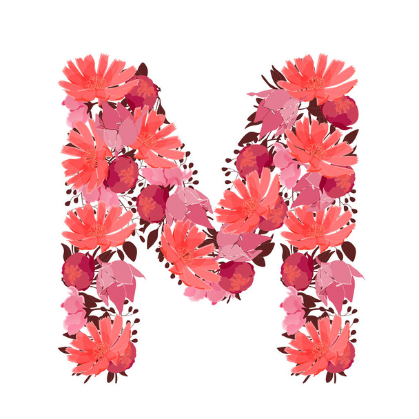 Vector floral letter, capital character M. Botanical monogram. Pink, maroon, coral color flowers in the shape of a bold letter isolated on white background. Chicory, peonies, lilies with branches. - Διάνυσμα, εικόνα