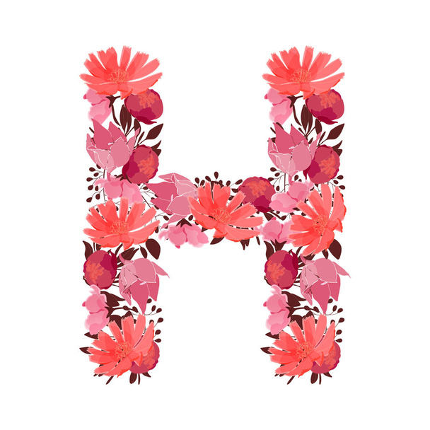 Vector floral letter, capital character H. Botanical monogram. Pink, maroon, coral color flowers in the shape of a bold letter isolated on white background. Chicory, peonies, lilies with branches. - Vektör, Görsel
