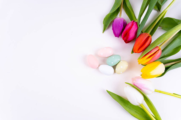 Colorful tulips laying in a circle easter eggs on white background with copy space - Φωτογραφία, εικόνα