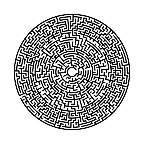 Difficult circle maze. Hard round vector labirinth. Vector black circle maze on white background. Education puzzle with search of solution. Circular isolated labirinth. A game for logic find way exit - Vector, Image