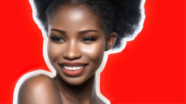 Happy Afro Womans Close Up Face Isolated On Red Color Back - 写真・画像