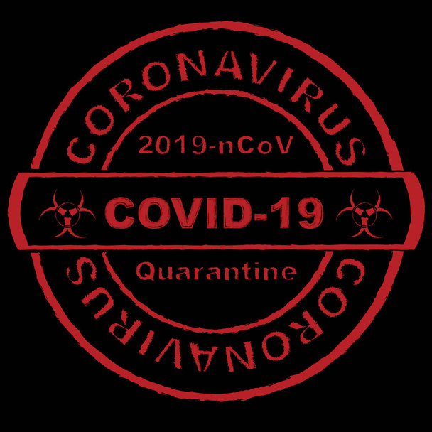 Punainen pyöreä leima. Coronavirus covid -19, 2019-nCoV-karanteeni mustalla taustalla
 - Vektori, kuva