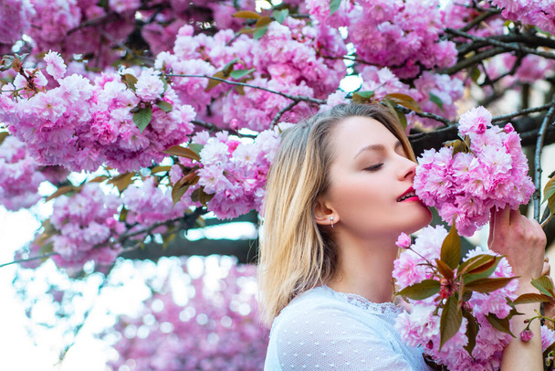 Passion and sensual touch. Beauty spring girl with blooming sakura cherry Flover. - Фото, зображення