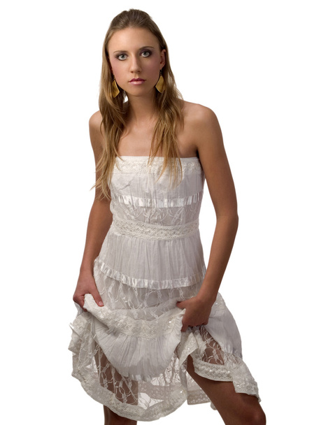 Young Blond Woman in White Dress - Фото, зображення