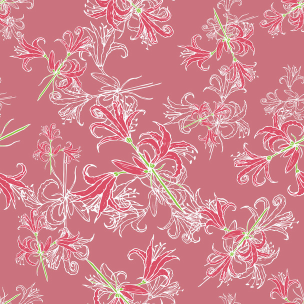 Pattern with wild pink lily and white outline pink background. Stock vector illustration for design and decor, prints, fabrics, wrapping paper, banner. - ベクター画像