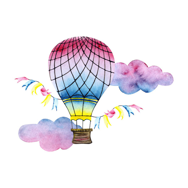 Акварель красочный воздушный шар с флагами и облаками. Красочная иллюстрация изолирована на белом. Дирижабль с ручной росписью идеально подходит для детских обоев, тканей, винтажного дизайна, изготовления открыток
 - Фото, изображение