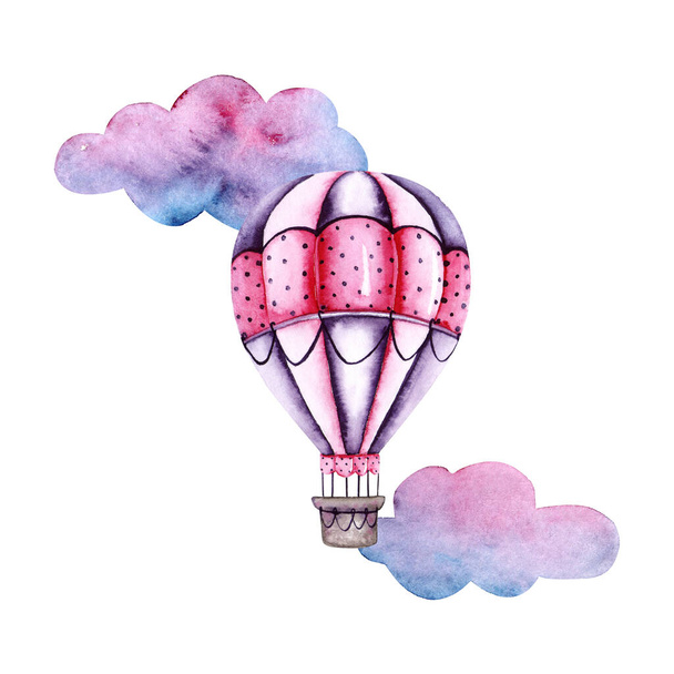 Aquarel kleurrijke luchtballon met wolken. Kleurrijke illustratie geïsoleerd op wit. Handgeschilderd luchtschip perfect voor kinderen behang, textiel, vintage design, kaart maken - Foto, afbeelding