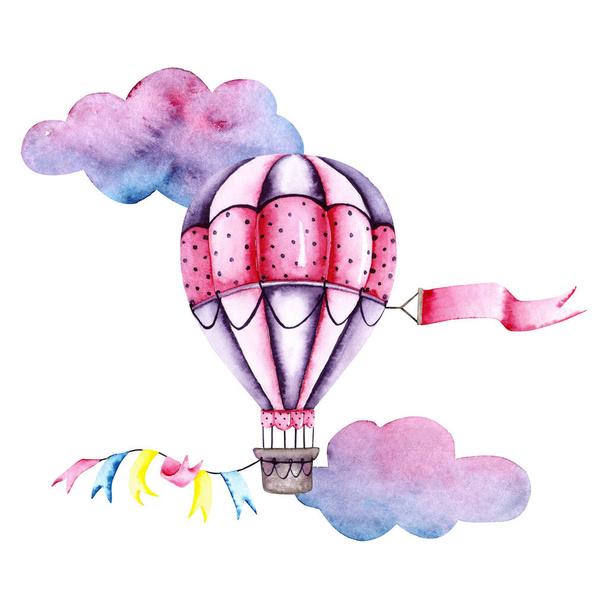 Watercolor colorful air balloon with clouds and flags. Colorful illustration isolated on white. Hand painted airship perfect for children's wallpaper, fabric textile, interior design, card making - Foto, Bild