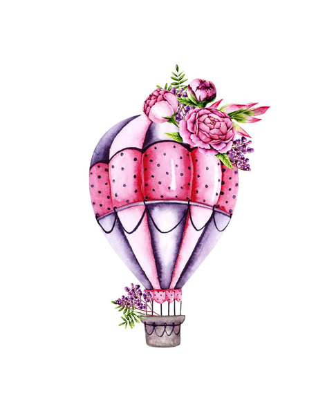 花と水色のカラフルな空気気球。白を基調としたカラフルなイラスト。子供の壁紙、ファブリックテキスタイル、ヴィンテージデザイン、カード作りに最適な牡丹と手描きの飛行船 - 写真・画像