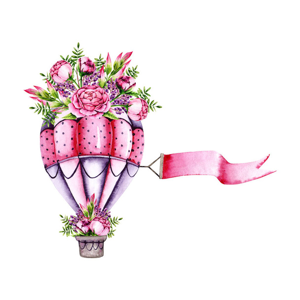 Акварель воздушный шар с букетом. Красочная иллюстрация изолирована на белом. Ручная роспись дирижабля с цветами идеально подходит для детских обоев, ткани текстиля, винтажный дизайн, свадебное приглашение
 - Фото, изображение