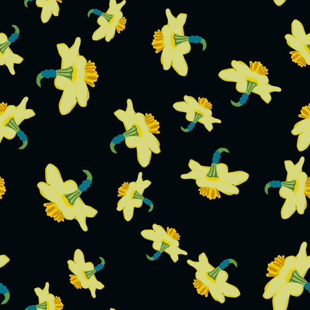 黒の春の花のシームレスなパターン。ダフォディルスの無限の背景。テキスタイル、ファブリック、ラッピング、壁紙のためのデザイン。ベクターイラスト. - ベクター画像