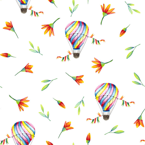 Naadloos patroon van aquarelballonnen met bloemen. Kleurrijke illustratie geïsoleerd op wit. Handbeschilderd sjabloon perfect voor kinderbehang, textiel, vintage design, kaarten maken - Foto, afbeelding