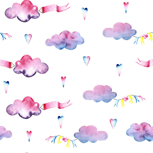 Naadloos patroon van aquarelkleurige wolken met vlaggen en hartjes. Illustratie geïsoleerd op wit. Handgeschilderd sjabloon perfect voor kinderen behang, textiel, kaarten maken  - Foto, afbeelding
