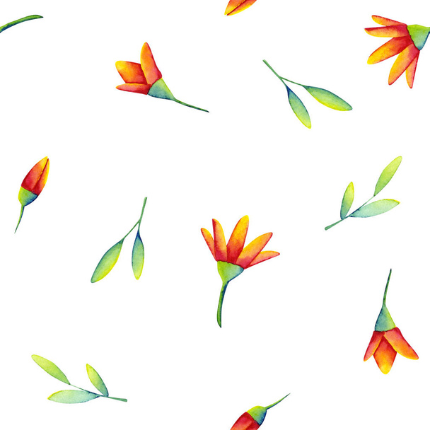 Naadloos patroon van aquarel kleurrijke bloemen en bladeren. Illustratie geïsoleerd op wit. Handbeschilderd sjabloon perfect voor kaarten maken, behang, vintage design en textiel - Foto, afbeelding