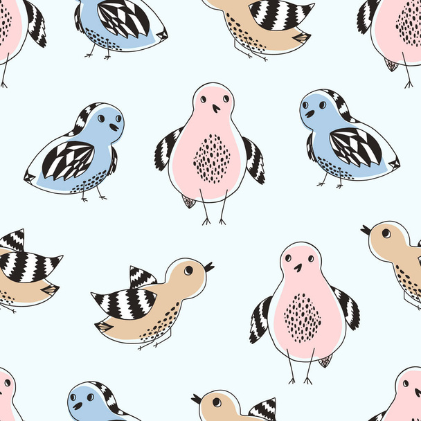 Cute pattern with color hand drawn doodle birds - Vector, Image