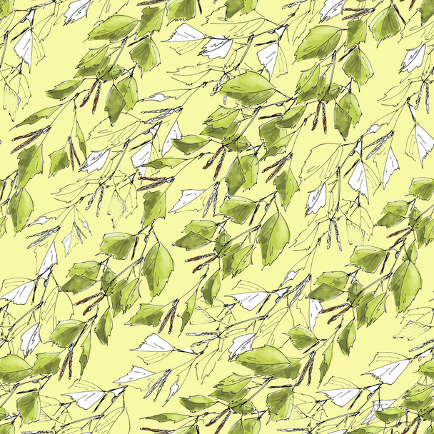 delicate spring seamless pattern with birch branches and earrings on a light green background - Foto, imagen