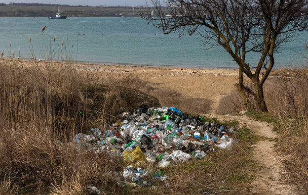 Büyük şehrin sahilindeki çöpler. İnsanlar deniz kıyısına yasadışı çöp atıyor. Kullanılmış kirli plastik şişeler. Kirli deniz kumlu kıyısı. Çevre kirliliği. Ekolojik sorun - Fotoğraf, Görsel