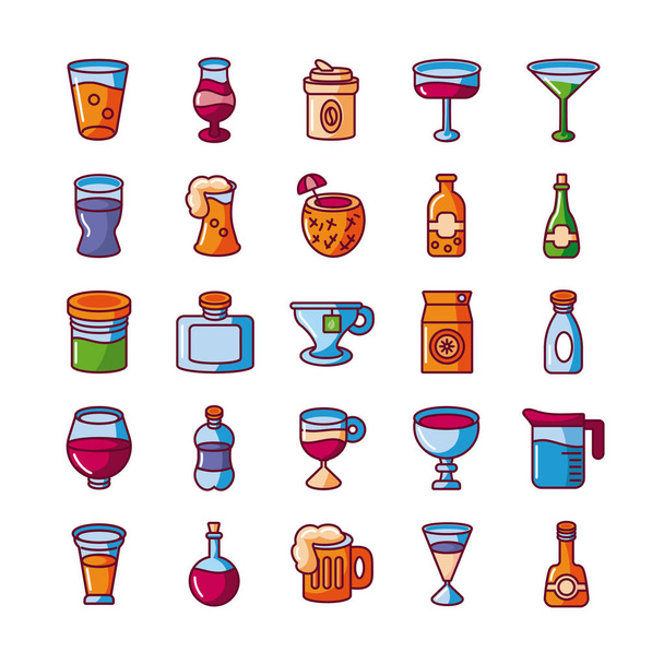 drankjes en cocktails pictogrammen set, vullen stijl - Vector, afbeelding