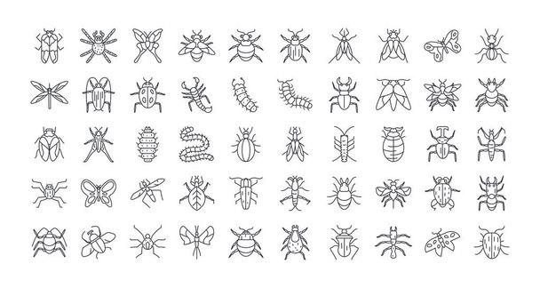 Bugs und Insektensymbole gesetzt, Linien-Detail-Stil - Vektor, Bild