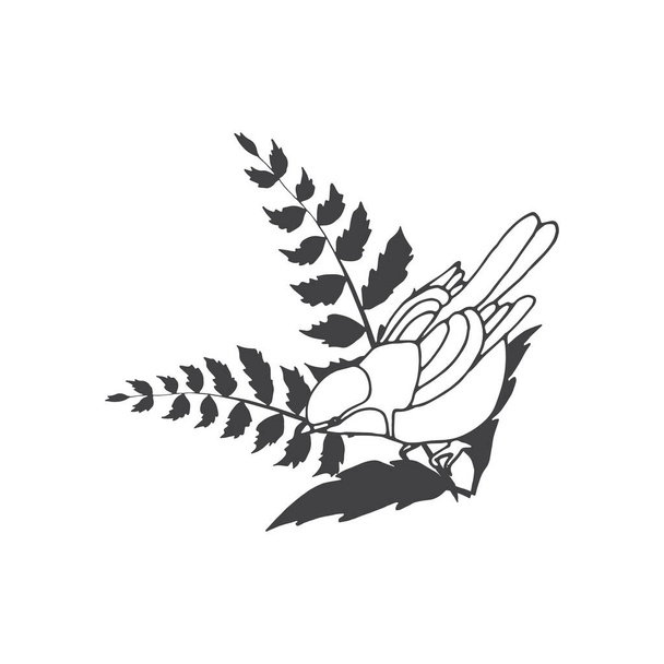 Vector composition of hand drawn bird with leaves and twigs. - Vettoriali, immagini