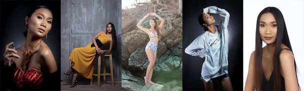 Collage Group Retrato de la mujer asiática de los años 20 presenta muchas poses, vestido, expresión, sentimiento, ubicación, bikini, vestido, playa, longitud completa, cara, moda, casual, aislado, sonrisa, fuerte
. - Foto, imagen