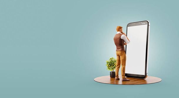 3d illustration of a young man standing in fron of big smartphone in office. Smartphone apps concept. - 写真・画像