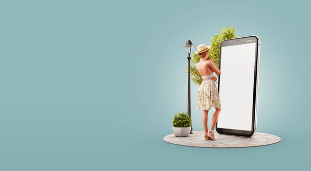 3d illustration of a pretty woman in summer dress standing in front of smartphone and using smart phone application. Smartphone apps concept. - Фото, зображення