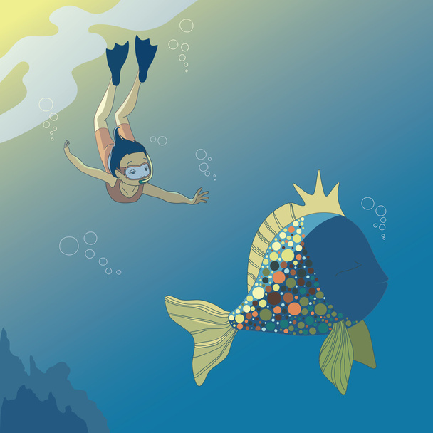 Girl and Fish - Vector, Image