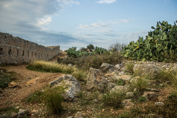 Европейский замок разрушает каменную стену в сельской местности сухой камень скалистый с кактусом природного пространства
 - Фото, изображение