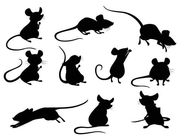 黒のシルエットセットの灰色のマウスで異なるポーズかわいい小さな哺乳動物フラットベクトルイラスト隔離された白い背景. - ベクター画像