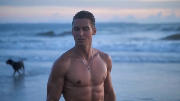 Portrait of young man, the well-trained muscular athlete, posing on the beach at sunset - Záběry, video