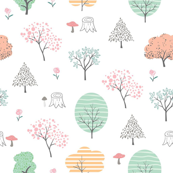 Симпатичный красочный лес бесшовный узор, нарисованный вручную мультфильм изолирован на белом фоне
 - Вектор,изображение