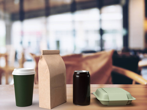 3 boyutlu yemek paketi, içecek kutusu, kağıt kahve poşeti ve bulanık bir restoranın arka planında, ahşap bir masada kahve fincanı. - Fotoğraf, Görsel