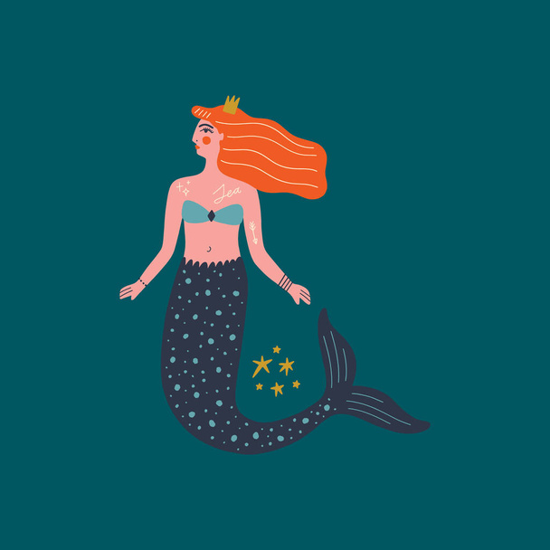 Flat cartoon boho hipster mermaid vector illustration, modern art - Vektör, Görsel