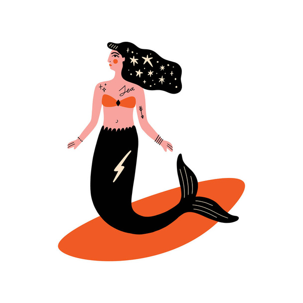Cartoon color card with cute flat cartoon sea mermaid or serena illustration. Perfect for invitation or leaflet design, Birthday postcard, poster, t-shirt. Surf girl concept. Vector clip art EPS - Vektor, kép