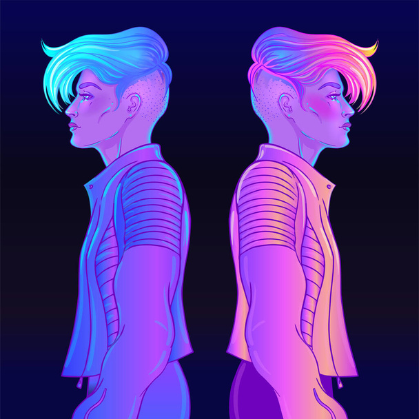 Portrait of a young pretty androgynous woman with short shaved pixie undercut in retro futurism style. Vector illustration in neon bright colors. Blue short hair. futuristic synth wave - ベクター画像