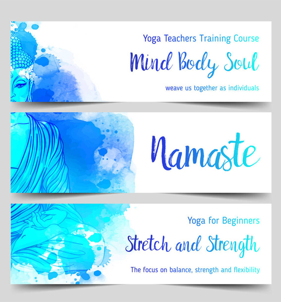 Yoga card design. Colorful template for spiritual retreat or yoga studio. Ornamental business cards, oriental pattern over watercolor painted background. - Vector, Image