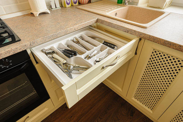 open kitchen drawer with silverware inside - Foto, Imagem