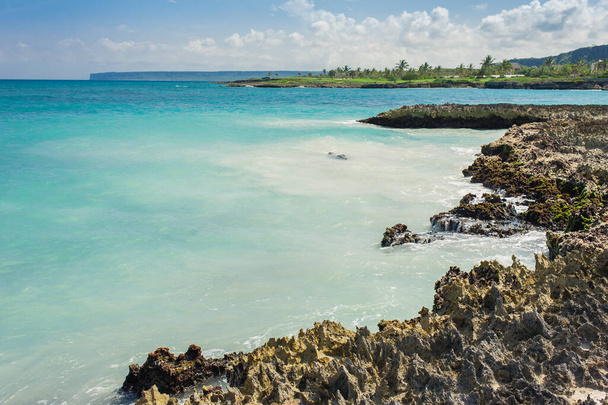 Palm ja trooppinen ranta Trooppinen paratiisi. Kesäloma Dominikaanisessa tasavallassa, Seychelleillä, Karibialla, Filippiineillä, Bahamalla. Rentoudu kaukaisella Paradise rannalla. Luxury Resort Atlantin valtamerellä
 - Valokuva, kuva