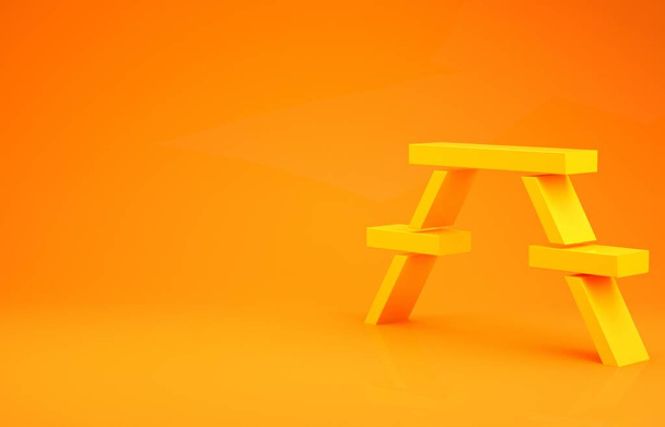 Yellow Picnic table with benches on either side of the table icon isolated on orange background. Minimalism concept. 3d illustration 3D render - Photo, Image