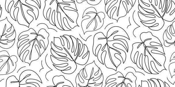 Linha contínua monstera folha. Desenho de contorno de folhas tropicais - Vetor, Imagem