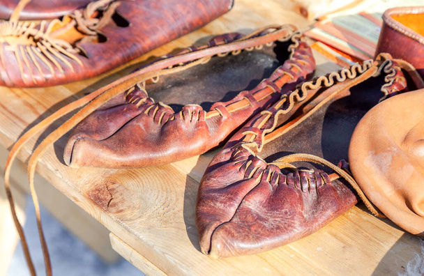 Traditional vintage handmade leather shoes close up - Photo, Image