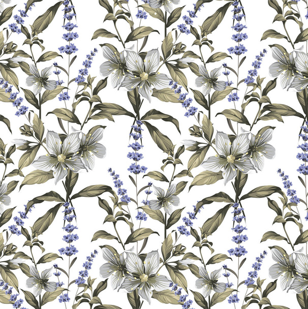 seamless pattern with flowers and leaves on vector. white background with flowers - Вектор, зображення