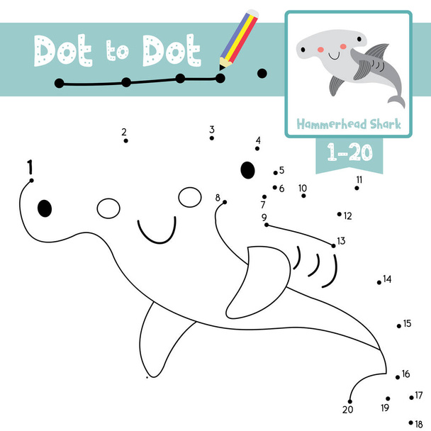 Dot to dot educational game and Coloring book of Happy Hammerhead Shark animals cartoon character for preschool kids activity about learning counting number 1-20 and handwriting practice worksheet. Vector Illustration. - Vector, imagen