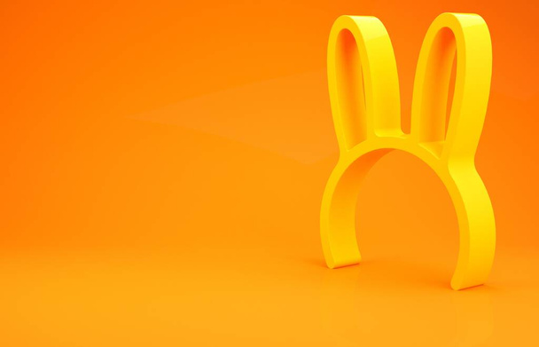 オレンジ色の背景に長いウサギの耳のアイコンが隔離された黄色のマスク。最小限の概念。3Dイラスト3Dレンダリング - 写真・画像