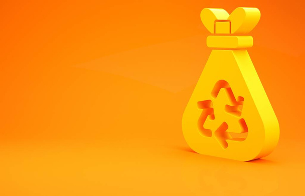 Yellow Garbage bag with recycle symbol icon isolated on orange background. Trash can icon. Recycle basket sign. Minimalism concept. 3d illustration 3D render - Photo, Image